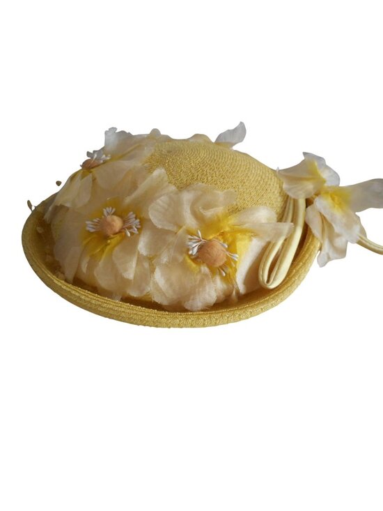 Vintage Accessories - Vintage Women's Calot hat Yellow floral with bow 1960s by Rawak